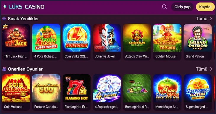 The slot lobby stacks a Sıcak Yenilikler row above an Önerilen Oyunlar row, each filled with game thumbnails