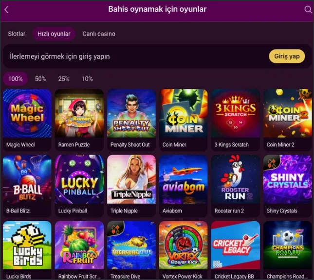 On the open Hızlı oyunlar tab, Magic Wheel, Ramen Puzzle and Coin Miner covers sit below an 'İlerlemeyi görmek için giriş yapın' notice