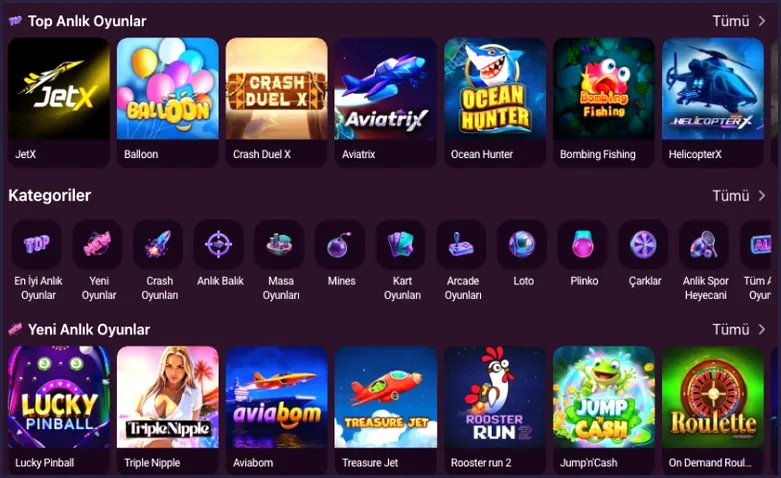 Starting with the Top Anlık Oyunlar row, JetX, Balloon and Crash Duel X sit above category icons for Mines, Plinko and Çarklar