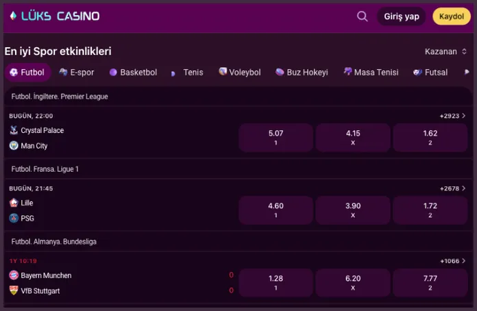 Under En iyi Spor etkinlikleri the Futbol tab is active, listing Lille - PSG and Bayern Munchen - VfB Stuttgart with 1, X, 2 odds