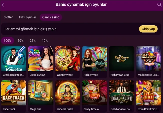 On the Bahis oynamak için oyunlar screen the Canlı casino tab lists Greek Roulette, Joker's Show, Wonder Wheel, Richie Wheel and Mega Ball
