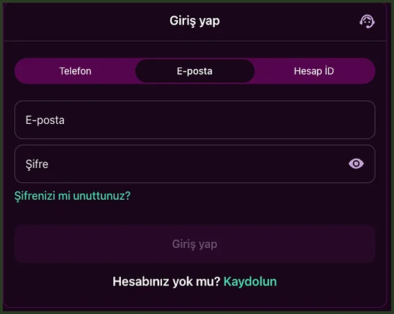 Giriş yap formunun sık kesitinde E-posta sekmesi seçili, Şifre alanı, soluk Giriş yap düğmesi ve 'Hesabınız yok mu? Kaydolun' bağlantısı görünüyor