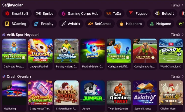 Provider chips for SmartSoft, Spribe, TaDa, Fugaso and Betsoft lead into Anlık Spor Heyecanı and Crash Oyunları rows with Cashbara Football and Hot Racing