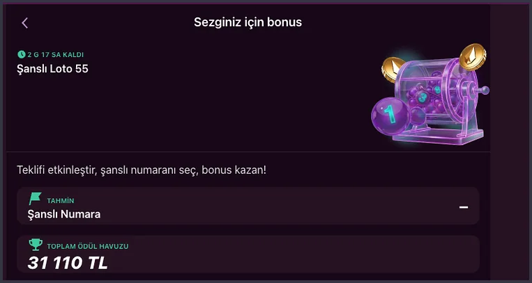 Şanslı Loto 55 teklifinin geniş kesitinde sağda piyango tamburu çizimi, solda 'Teklifi etkinleştir, şanslı numaranı seç, bonus kazan!' yazısı okunuyor