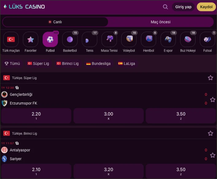 A wide live sports view with both matches at 0 - 0, odds buttons 1, X and 2 under each, and favourite stars at right