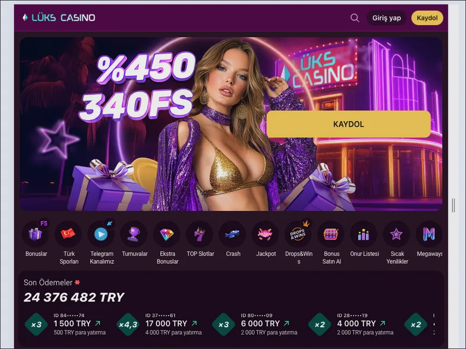 Lüks Casino's wide home view pairs the %450 340FS banner with a Son Ödemeler panel of 24 376 482 TRY and 1 500 TRY