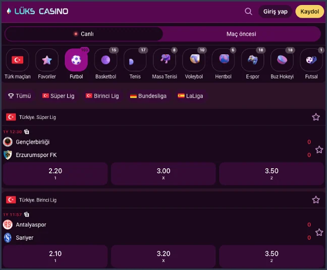 A live list pairs Gençlerbirliği - Erzurumspor FK from Süper Lig with Antalyaspor - Sariyer from Birinci Lig, under Basketbol 15 and Tenis 17 counters