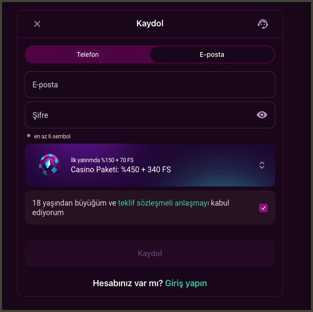 E-posta sekmesindeki kayıt formunda Casino paketi 450% + 340 FS seçilmiş durumda ve altta 18+ onay kutusu duruyor