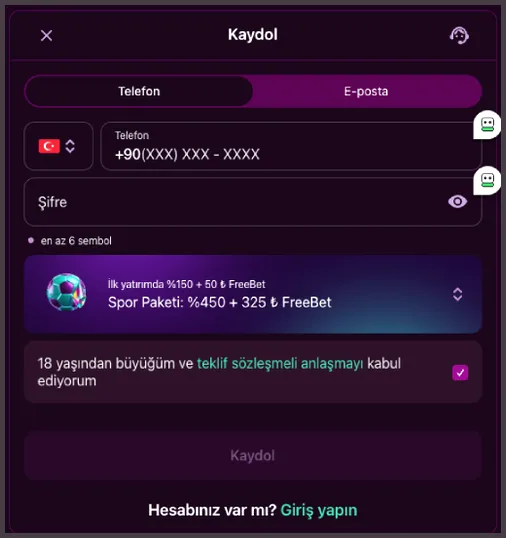 Telefon sekmesindeki Kaydol penceresinde Spor Paketi: %450 + 325 ₺ FreeBet seçili, 'İlk yatırımda %150 + 50 ₺ FreeBet' satırı ve işaretli koşullar kutusu görülüyor