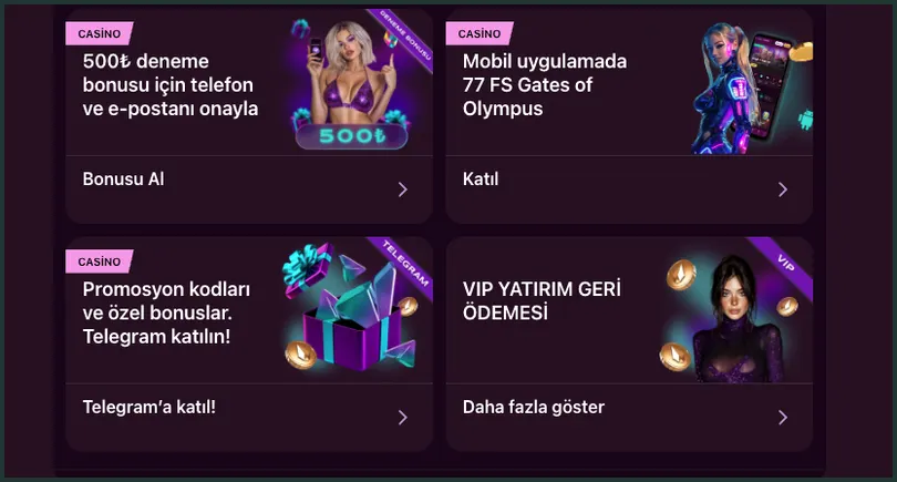 Four-card promo grid A dark-framed grid of four cards with the buttons Bonusu Al for the 500₺ trial, Katıl for 77 FS, Telegram'a katıl! and Daha fazla göster